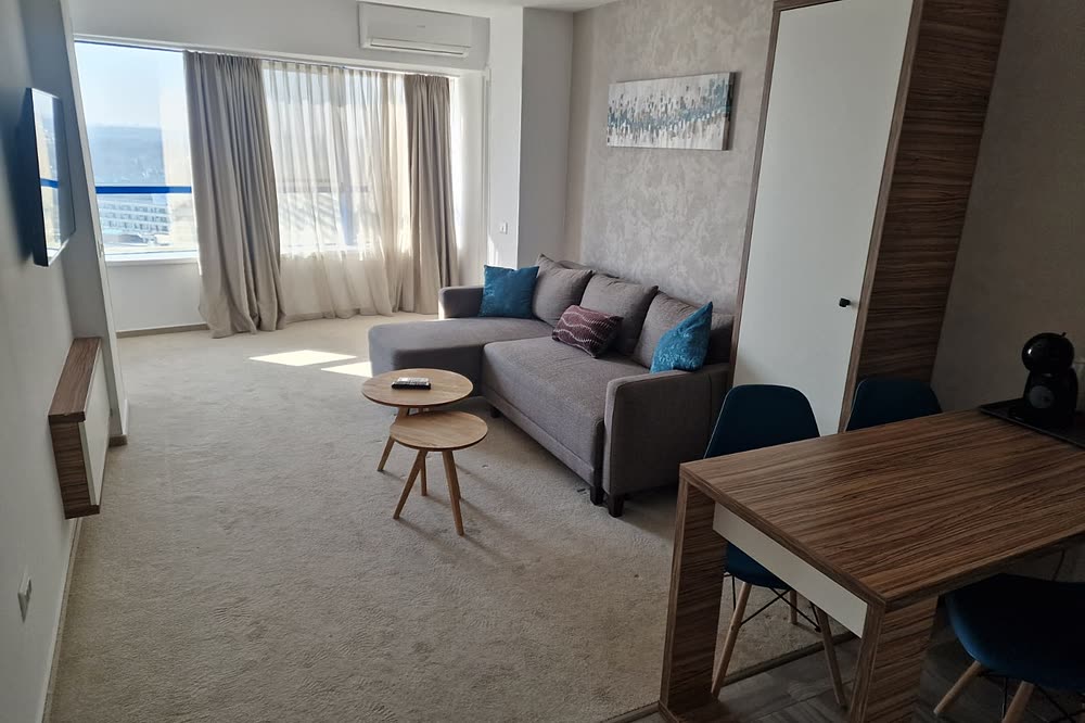 Living de apartament cu canapea și fereastră